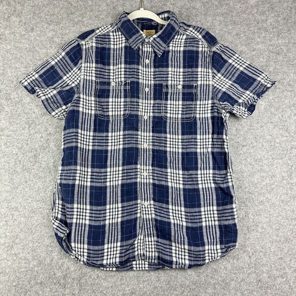 TreVero Shirt Mens Large Blue White Plaid Linen Short Sleeve Button Up Casual - Picture 1 of 10